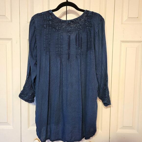 L'affaire, S | Boho Deep Blue Embroidered Tunic With Front Draw Strings - Picture 2 of 5